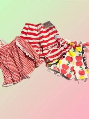 Kids Red Patterned Shorts Bundle - Gingham, Stripes & Apple Print